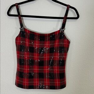 Vintage St. John Couture Red & Black Tartan Plaid Sequin Jeweled Bow Detail Top